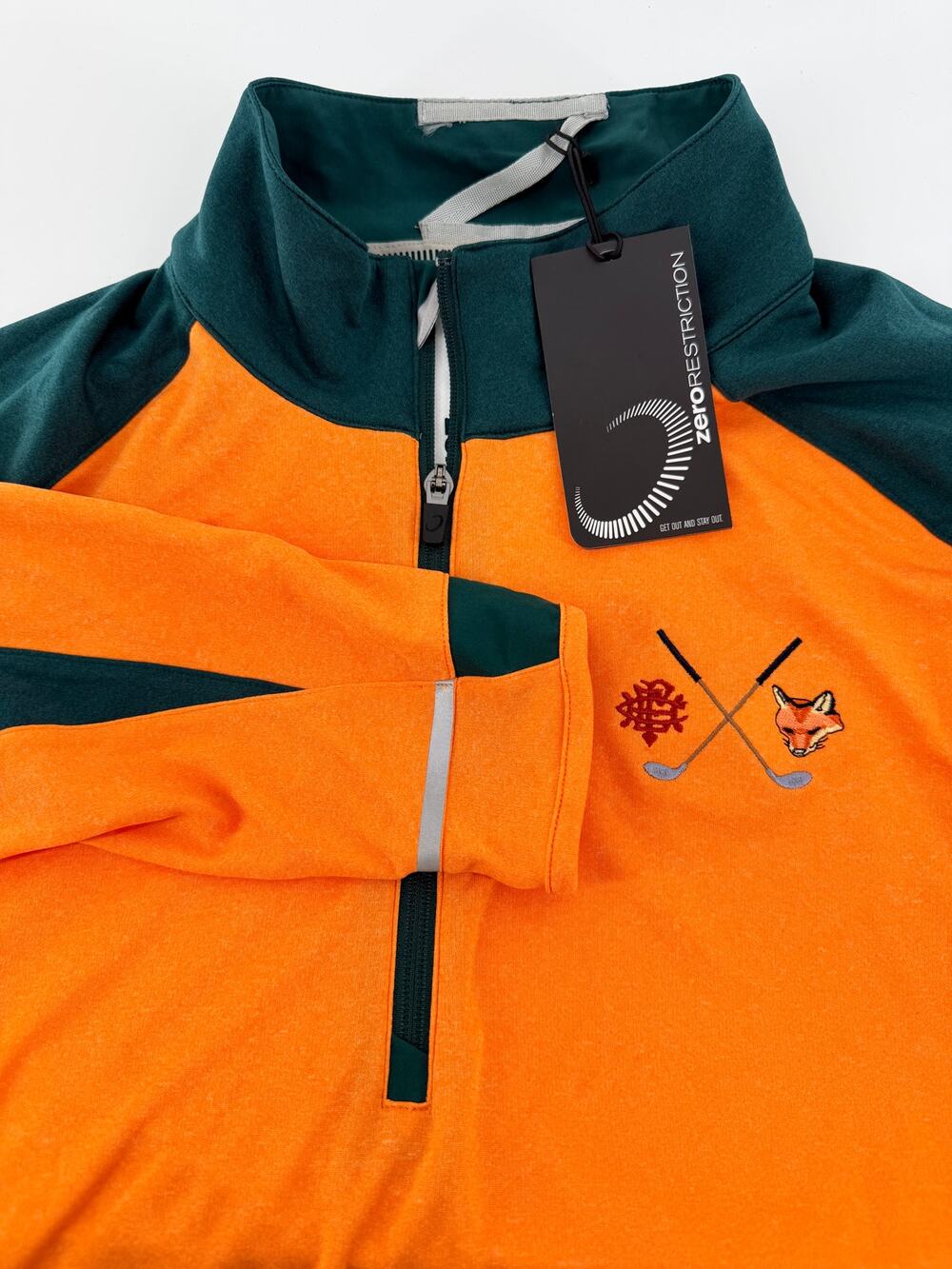 Zero‎ Restriction Z425 1/4 Zip Golf Pullover Fox Club Emblem Blaze Hunter L NWT
